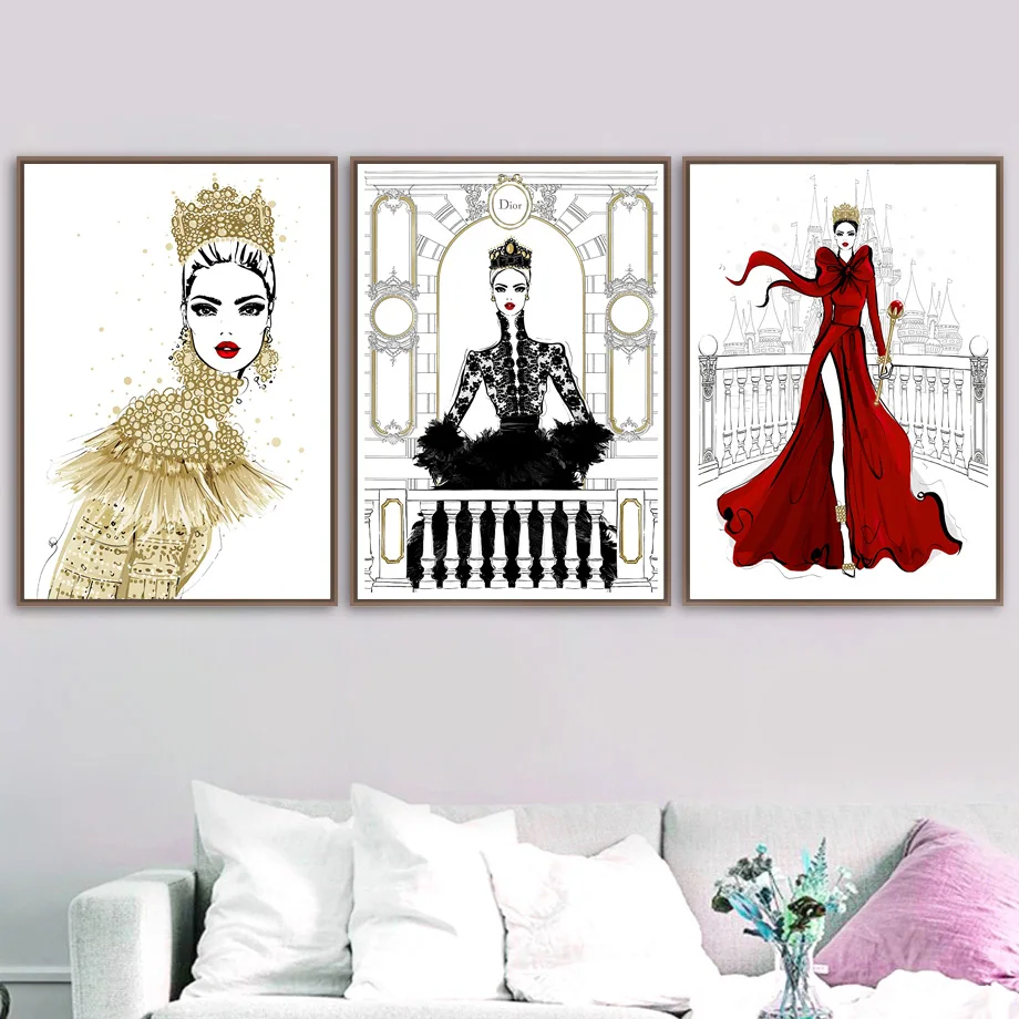 Crown-Queen-Shopping-Girl-Wall-Art-Canvas-Painting-Nordic-Posters-And-Prints-Watercolor-Wall-pictures-For(2)