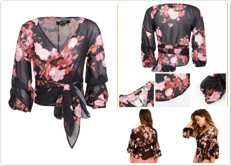 Floral Print Wrap Chiffon Blouse Lantern Sleeves Shirt (Us 2-14)