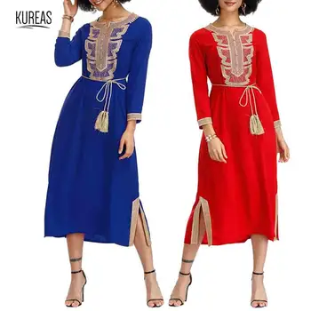 

Kureas African Dresses for Women Fashion Gold Applique Midi Dress Elegant Gown Fashion Slit Robe Embroidery African Clothes