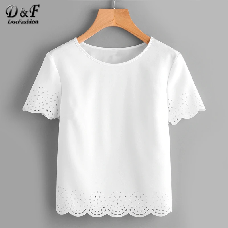 

Dotfashion White Solid Laser Cut Scallop Hem Womens Tops And Blouses 2019 Elegant Short Sleeve Summer Casual Korean Fashion Top