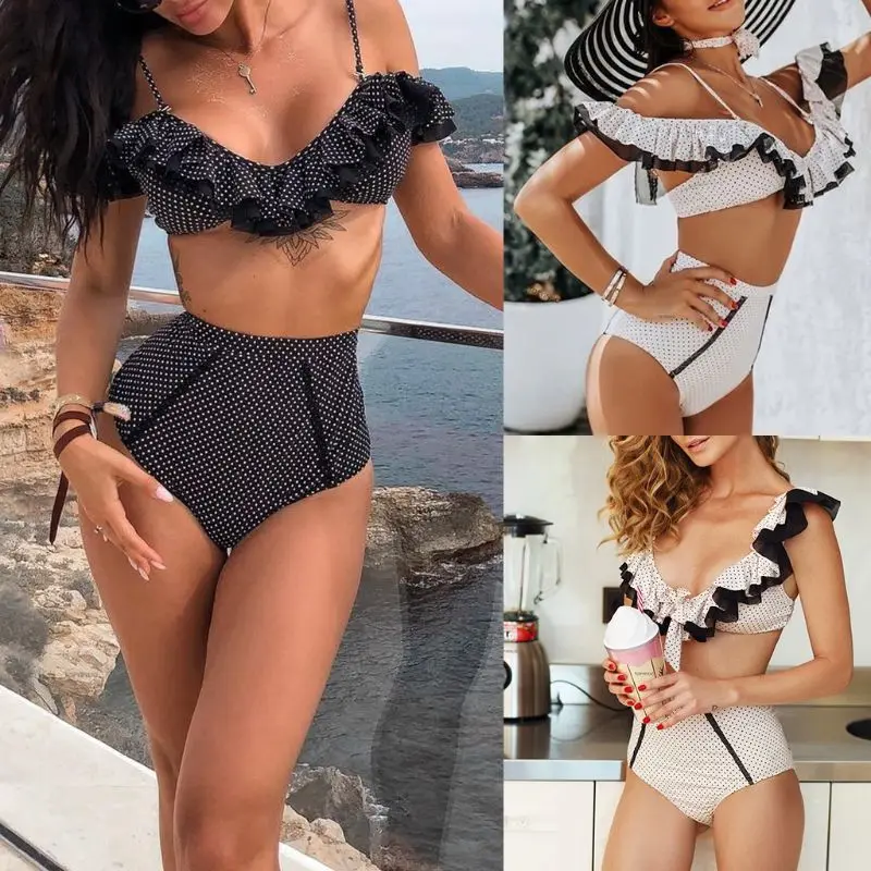 

Women Sexy Two Piece Bikini Set Tiered Lace Ruffles Off Shoulder Bra Vintage Polka Dot Printed Swimsuit High Waist Tummy Control