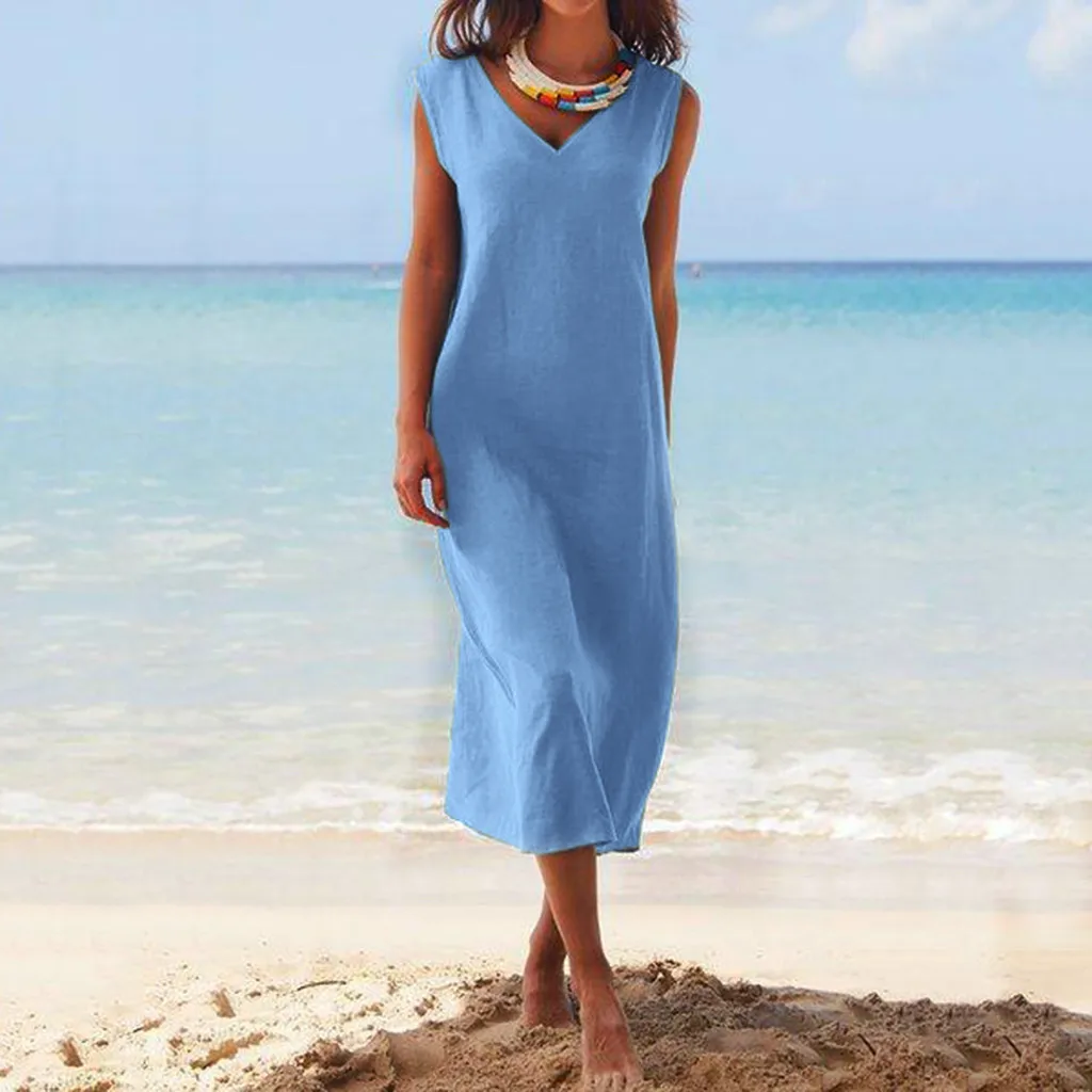 Women Summer Dress Solid Color Sleeveless V Neck Cotton Linen Casual Party Long Dresses Summer Dress 2019 Beach Dresses NEW
Women Summer Dress Solid Color Sleeveless V Neck Cotton Linen Casual Party Long Dresses Summer Dress 2019 Beach Dresses NEW