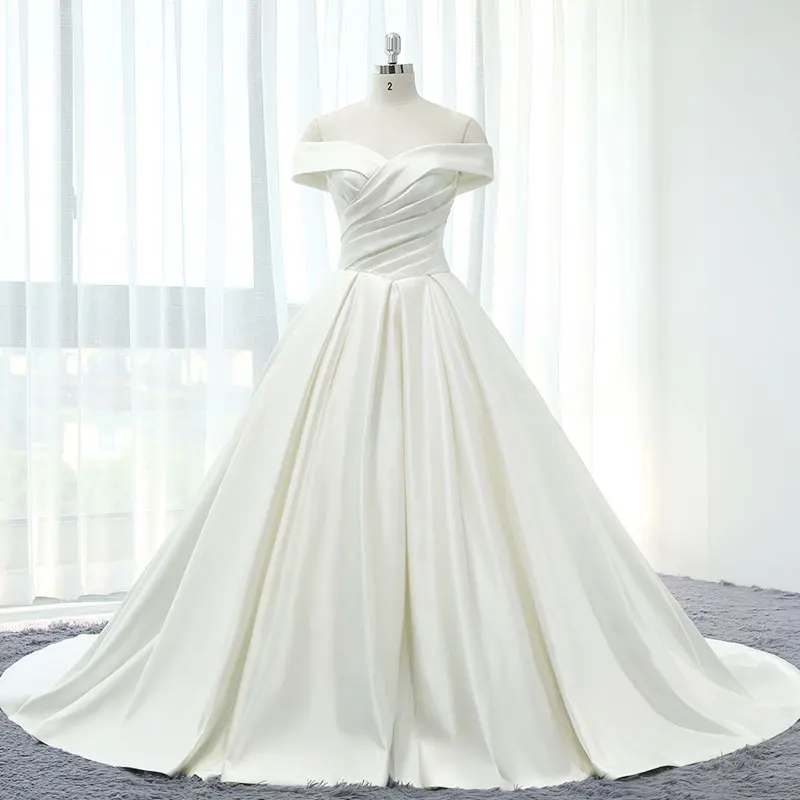 Elegant Satin Boat Neck Pleated Lace Up Vestidos De Novia Off The Shoulder Backless A-line Long Wedding Dresses Robe De Marriage
Elegant Satin Boat Neck Pleated Lace Up Vestidos De Novia Off The Shoulder Backless A-line Long Wedding Dresses Robe De Marriage