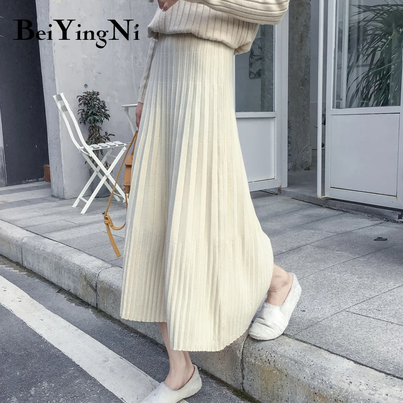 Beiyingni Pleated Women Skirt Knitted Casual High Elastic Waist Midi Skirts Vintage Female Elegant Maxi Long Black Saia | Женская одежда