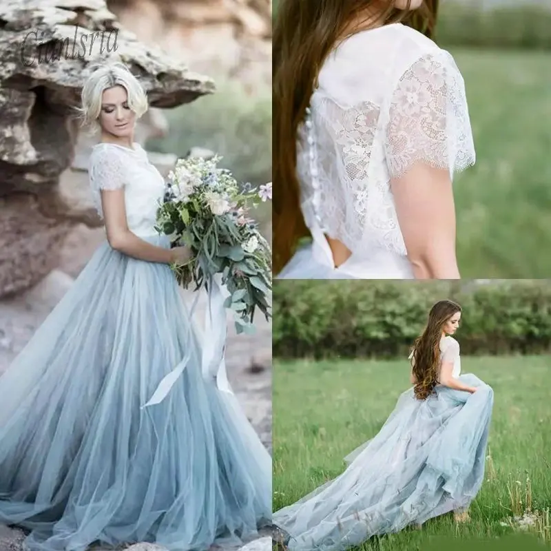 Beach Boho Lace Wedding Dresses A Line Soft Tulle Cap Sleeves Backless Light Blue Skirts Plus Size Bohemian Bridal Gown
Beach Boho Lace Wedding Dresses A Line Soft Tulle Cap Sleeves Backless Light Blue Skirts Plus Size Bohemian Bridal Gown