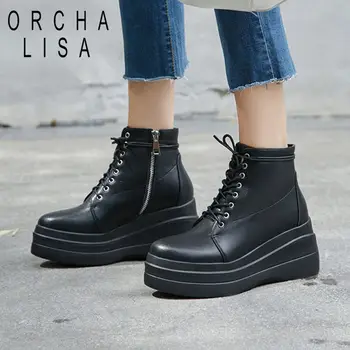 

ORCHA LISA Shoes Woman Lace up Ankle Boots platform Winter BootsGenuine leather or Flock Women Boots Botas mujer Feminina J429