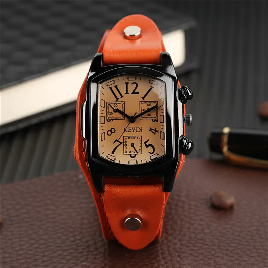 KEVIN Male Arabic Number Wrist Watch Sport Fashion Men Casual Cool Simple PU Leather Band Strap Gift Quartz Punk Rectangle Dial (3)