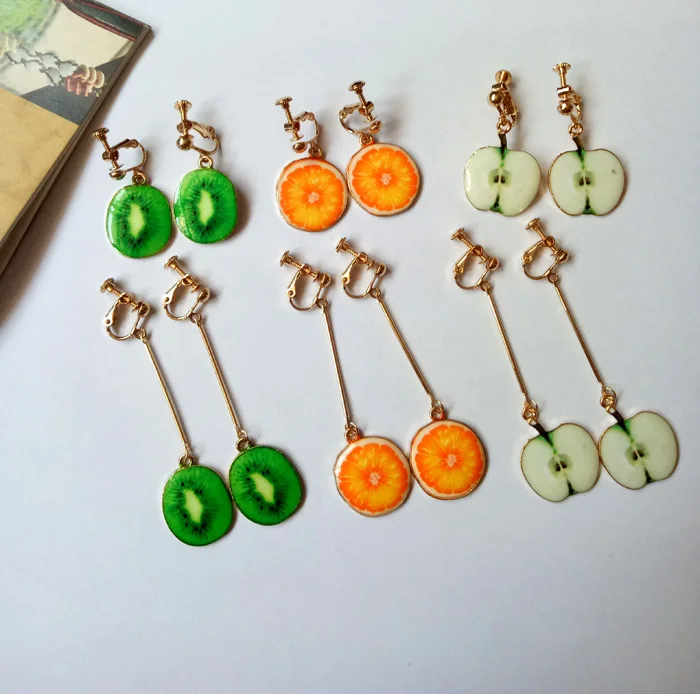 New Summer Lovely Fruit Orange Kiwi Apple Clip On Earrings Without Piercing For Girl'S Fashion Enamel Earrings Bijouterie 7 Aeproduct.getsubject()