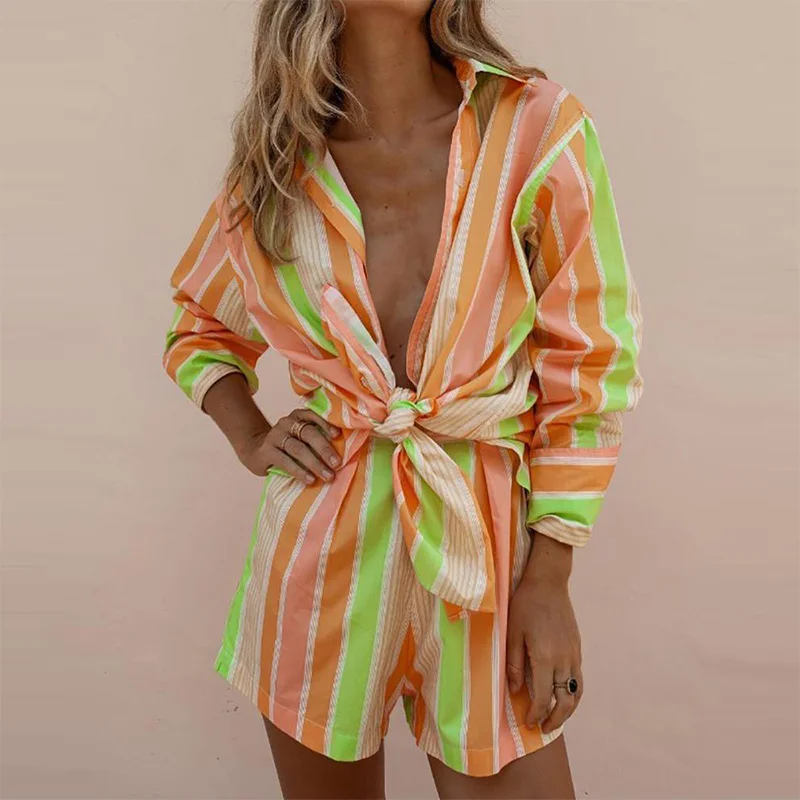 Striped 2 piece set women Long Sleeve Turn-down Collar womens tops and blouses Loose Shirt Hight Waits Shorts two piece outfits
Striped 2 piece set women Long Sleeve Turn-down Collar womens tops and blouses Loose Shirt Hight Waits Shorts two piece outfits