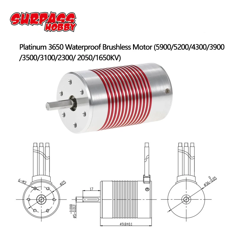 SURPASSHOBBY Platinum Waterproof Series 3650 3100KV 3500KV 3900KV 4300KV 5200KV Sensorless Brushless Motor for 1/10 RC Car Truck
SURPASSHOBBY Platinum Waterproof Series 3650 3100KV 3500KV 3900KV 4300KV 5200KV Sensorless Brushless Motor for 1/10 RC Car Truck