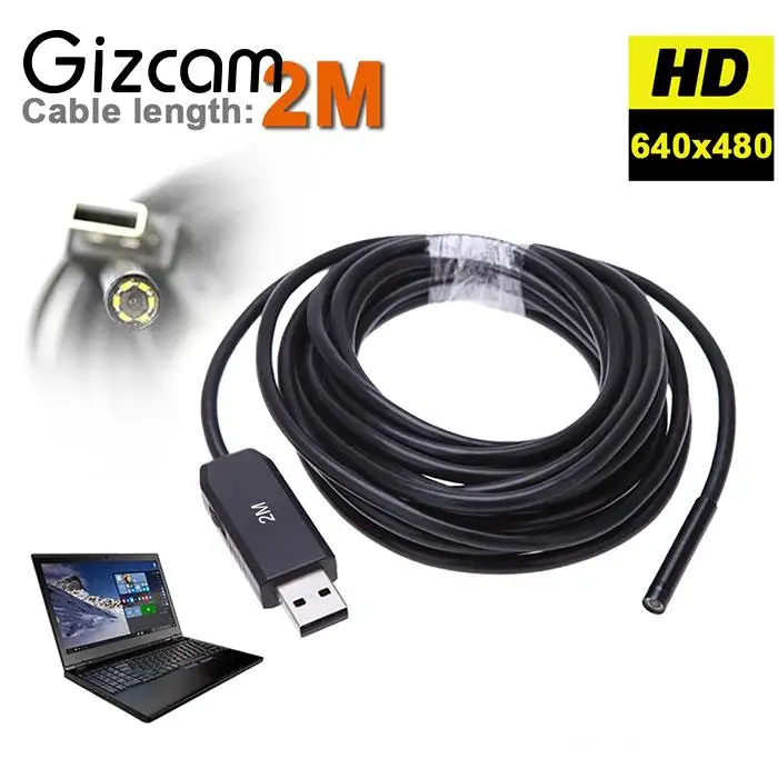Фото Gizcam 2 м 5 мм USB эндоскоп водонепроницаемый 6LED инспекционная трубка змея видео мини