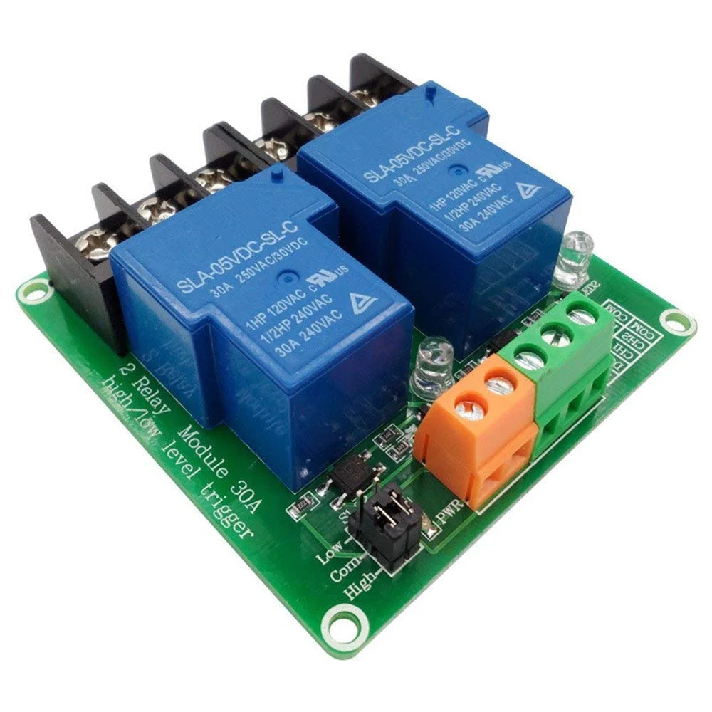 2-way 30A high and low level trigger relay module 5V smart home automation control
2-way 30A high and low level trigger relay module 5V smart home automation control