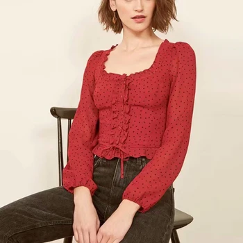 Ruched Square Collar Women Long Sleeve Polka Dot Top Shirt Vintage French Style Slim Front Lace Up Seexy Long Sleeve Top Shirt
Ruched Square Collar Women Long Sleeve Polka Dot Top Shirt Vintage French Style Slim Front Lace Up Seexy Long Sleeve Top Shirt