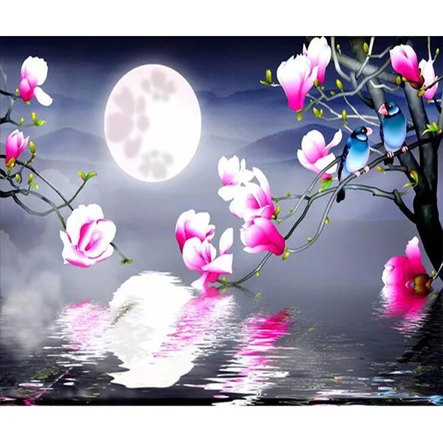 Scenery moon flowers and birds image 3D diamond painting cross stitch mosaic embroidery FULL round | Дом и сад