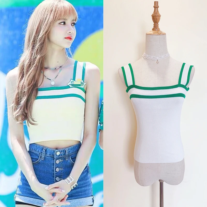 kpop BLACKPINK LISA White Stripe knit camisole high waist tops women new summer loose sexy tank top streetwear Harajuku clothes
kpop BLACKPINK LISA White Stripe knit camisole high waist tops women new summer loose sexy tank top streetwear Harajuku clothes