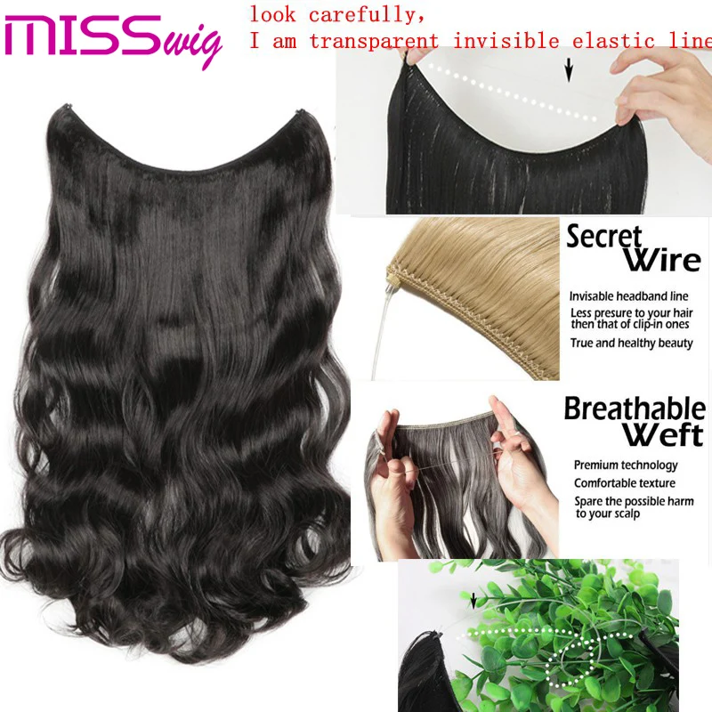 MISS WIG Women Fish Line No Clips In Hair Extensions 25 CM Natural Wavy Blonde Black 20 Colors Available Synthetic Hair Piece (3)