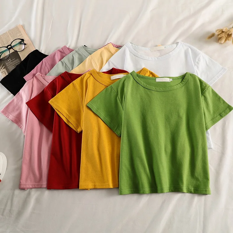 Summer Women Casual slim solid T shirt Harajuku short sleeve basic T-shirts Korean cotton crop Top Student Candy color short tee
Summer Women Casual slim solid T shirt Harajuku short sleeve basic T-shirts Korean cotton crop Top Student Candy color short tee