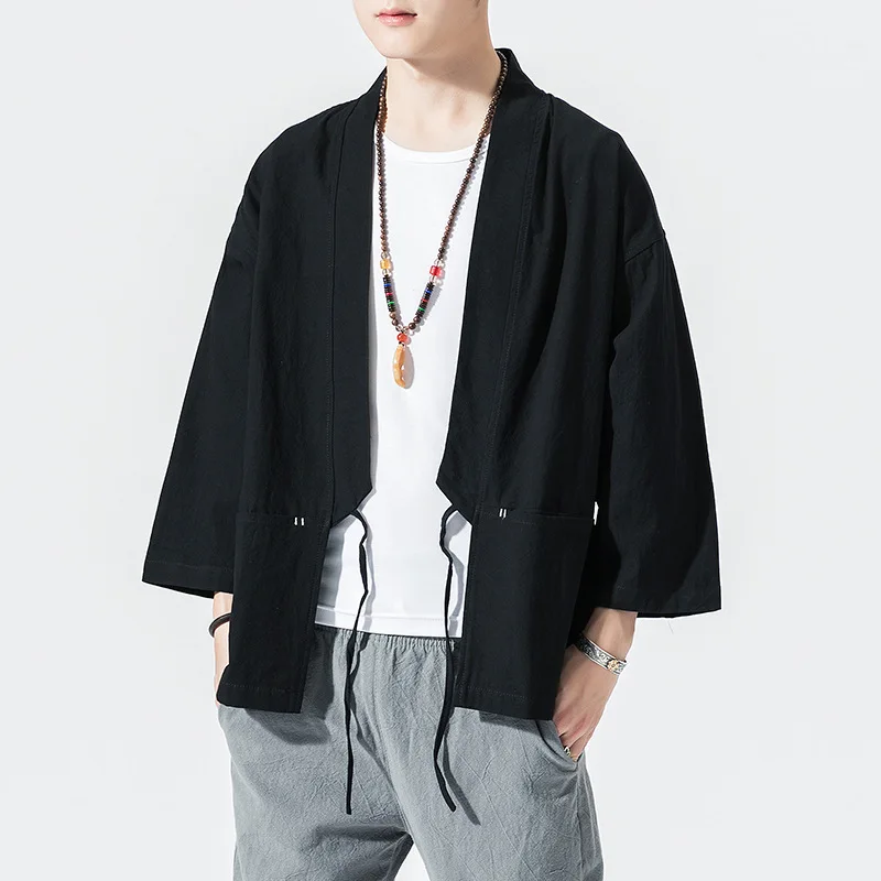 #7907 японские кимоно пальто для мужчин из хлопка и льна куртка свободного кроя на