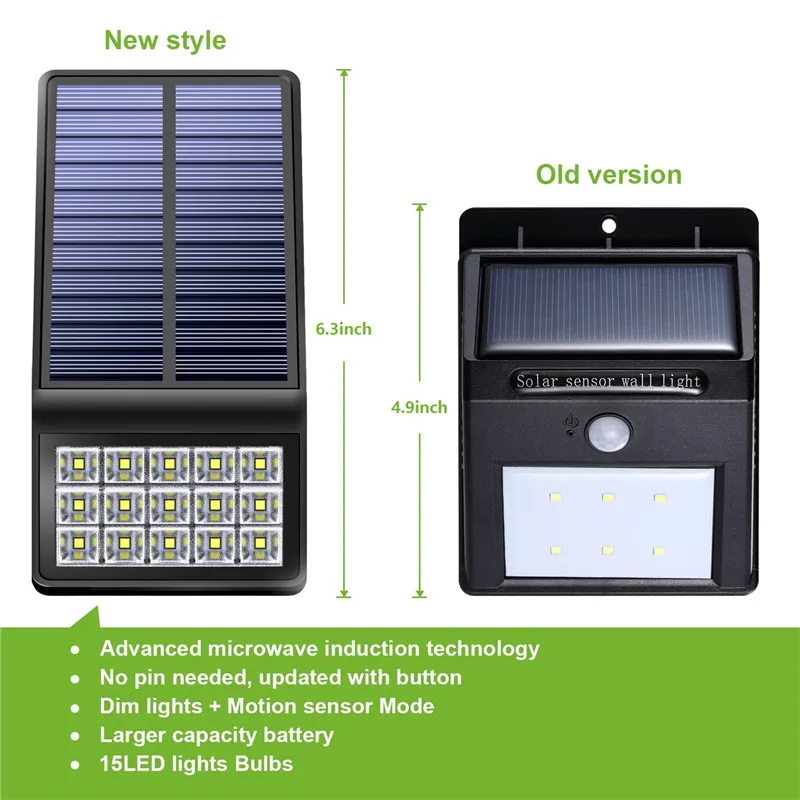 Solar Lights Outdoor - 15 LED Solar Powered Lights DIM Light with Motion Sensor Mode Wireless Waterproof Security Night Lighting for Garden Patio Yard Path Fence Step Deck (2)