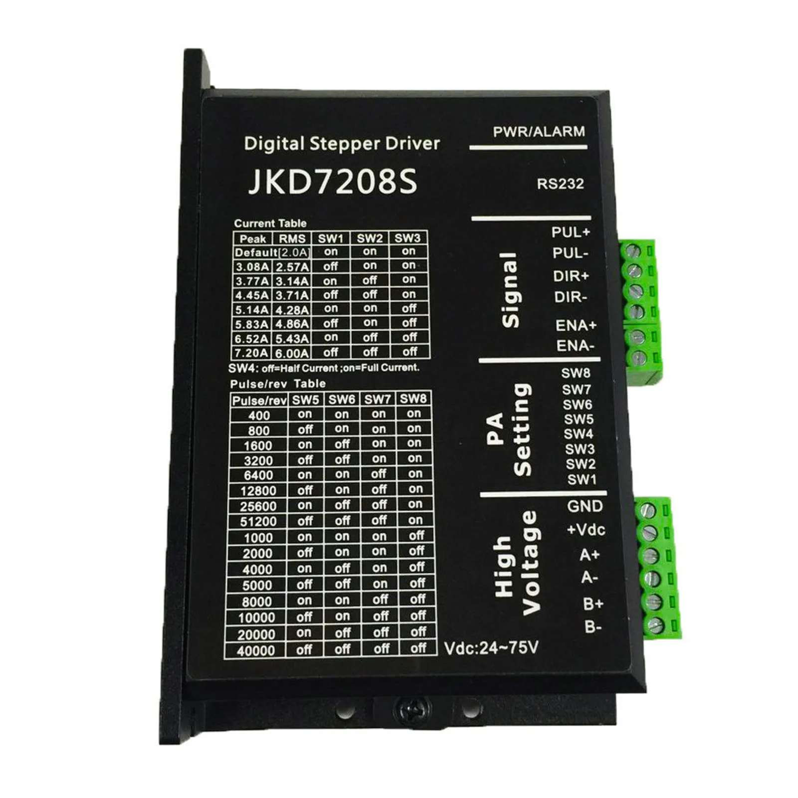 JKD7208S Two-Phase Digital Stepper Driver 0.1-7.2A 24-75VDC Stepper Motor Controller For 2 Phase Stepping Motors Of 4 6 8 Lines
JKD7208S Two-Phase Digital Stepper Driver 0.1-7.2A 24-75VDC Stepper Motor Controller For 2 Phase Stepping Motors Of 4 6 8 Lines