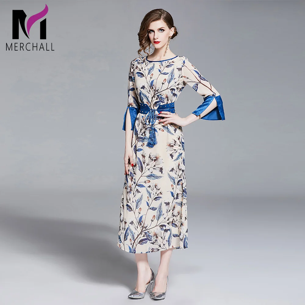 Women Autumn Flower Print Dress Side Flare Sleeve Thin Long Dress Summer Female Elegant Office Lady Vestidos de festa With Belt 
Women Autumn Flower Print Dress Side Flare Sleeve Thin Long Dress Summer Female Elegant Office Lady Vestidos de festa With Belt