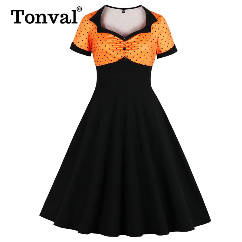 Tonval Orange and Black High Waist Vintage 1950s Pin Up Women Dress Sweetheart Neckline Button Front Polka Dot Midi Dresses
Tonval Orange and Black High Waist Vintage 1950s Pin Up Women Dress Sweetheart Neckline Button Front Polka Dot Midi Dresses
