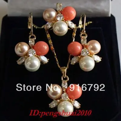 free shipping ******Charming White Pink Pearl Coral 18KGP Gold Crystal necklace earring ring set | Украшения и аксессуары