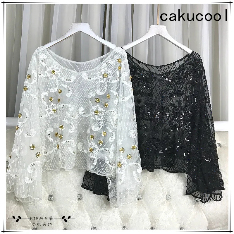Женские прозрачные блузки с бисером Cakucool рубашка длинным Расклешенным рукавом