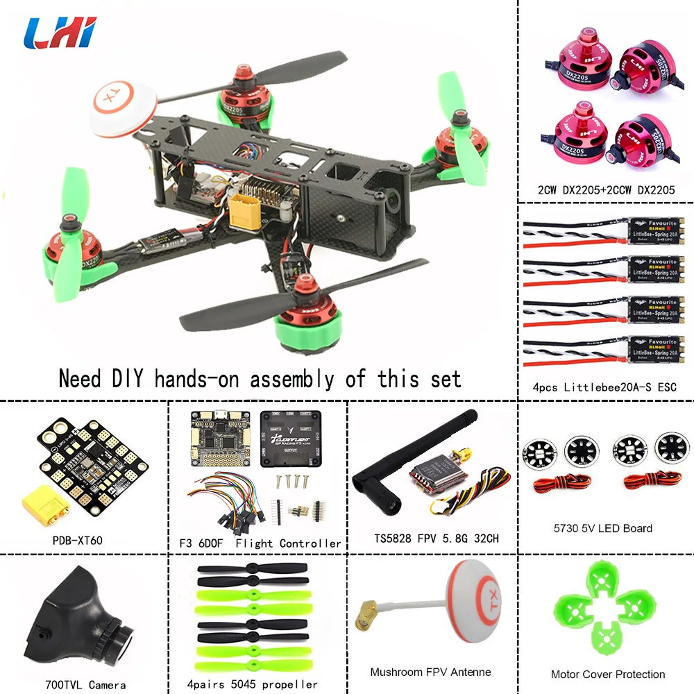 

LHI RC drone frames 220 Quadcopter Full Carbon Frame Kit+DX2205 2300KV Brushless Motor+ 5045 propellers + Littlebee 20A Mini ESC