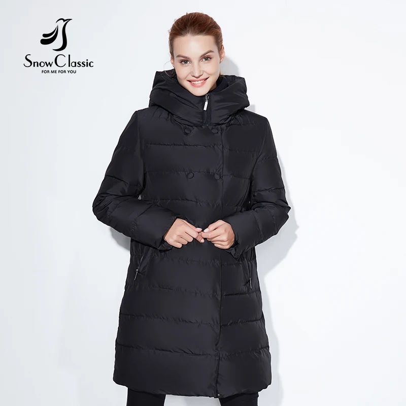 Snowclassic модная зимняя куртка Леди толстое шерстяное пальто Кнопка украшения шляпа