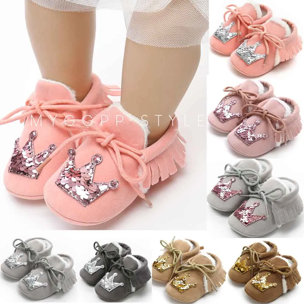 Baby cotton bandages plus velvet crown straps winter warm sequins children's casual shoes |