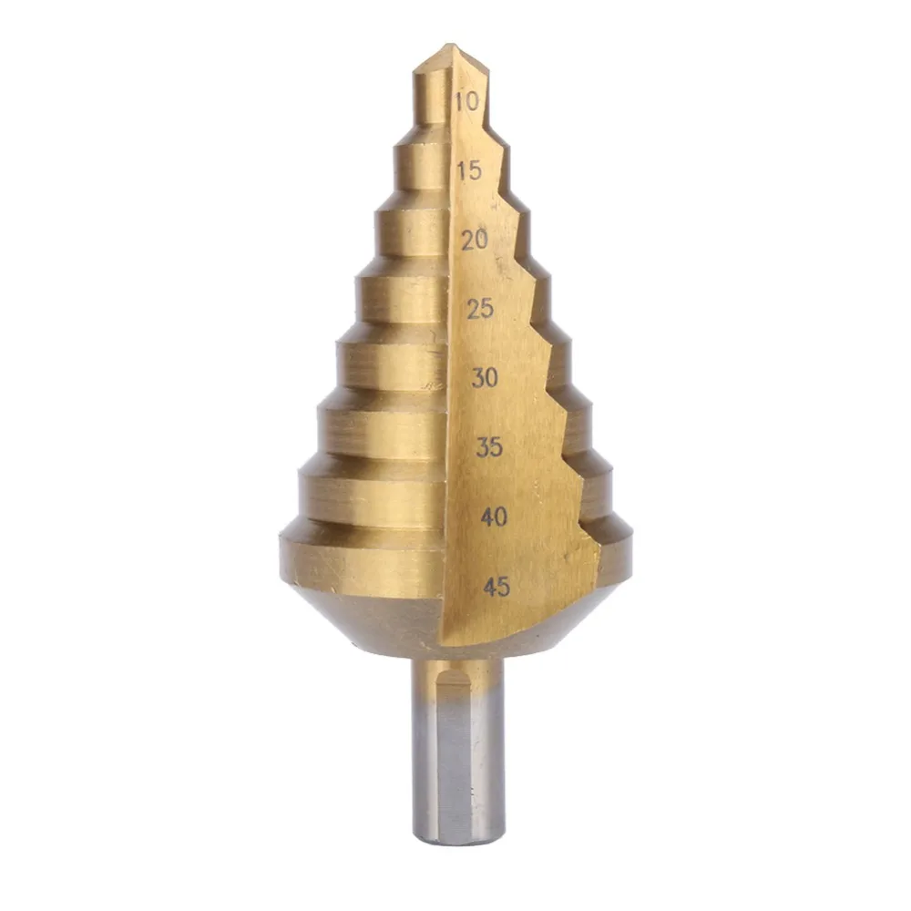 HSS Steel Step Cone Drill Bit Titanium Bits Set Titanium Coated High Speed Sturdy Tools Accessory 10 15 20 25 30 35 40 45mm
HSS Steel Step Cone Drill Bit Titanium Bits Set Titanium Coated High Speed Sturdy Tools Accessory 10 15 20 25 30 35 40 45mm