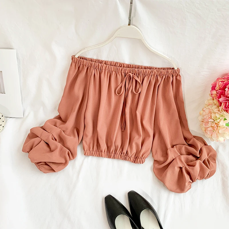 Chic Korean Slash Neck Long Lantern Sleeve Pure Color New Short Crop Tops Chiffon 2019 Women Blouse Tops E607
Chic Korean Slash Neck Long Lantern Sleeve Pure Color New Short Crop Tops Chiffon 2019 Women Blouse Tops E607