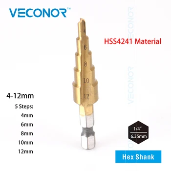 Veconor 4-12mm Impact HSS Step Cone Drill Bit Titanium Nitride Coated Hole Cutter Tool Set 1/4" Hex Shank
Veconor 4-12mm Impact HSS Step Cone Drill Bit Titanium Nitride Coated Hole Cutter Tool Set 1/4" Hex Shank