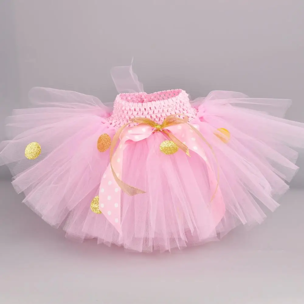 

Pink Minnie Girls Tutu Skirt Baby First Birthday Party Costume Gold Polka Dot Infant Toddler Tulle Skirt Cake Smash Newborn-5T6T