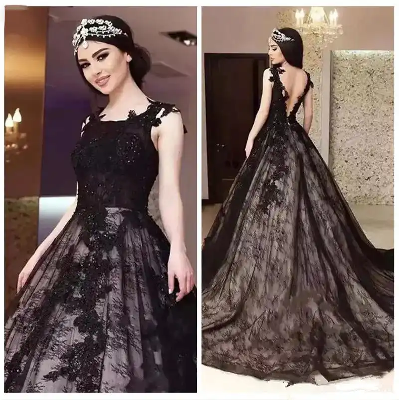 Elegante Negro Apliques De Encaje Vestido De Novia Una Linea Espalda Abierta Con Cuentas Gotico De Talla Grande Vestidos De Novia Vestido De Novia Aliexpress