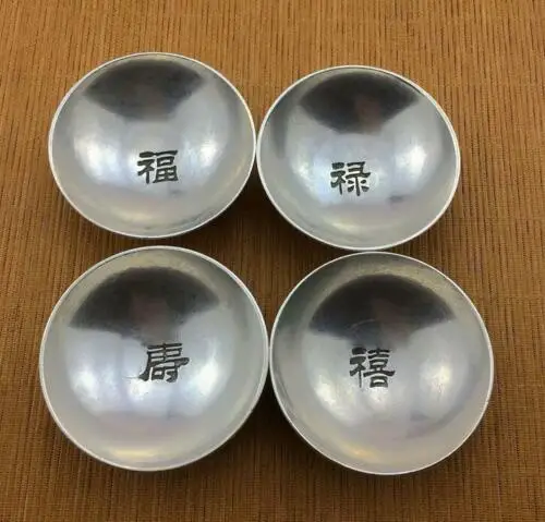 

4PCS China antique handmade MING XUANDE Tibetan silver dragon Bowl FU LU SHOU XI