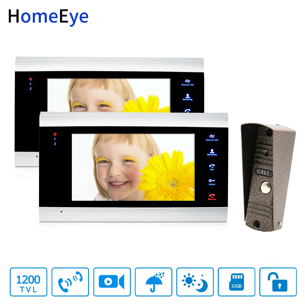

HomeEye 7'' Video Doorbell Video Intercom 1-2 Home Access Control System Motion Detection Multi-languages OSD Menu Touch Button