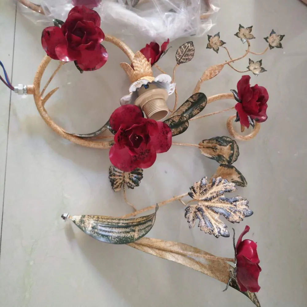 Французская потертая Красная Металлическая роза потолочная лампа для гостиной