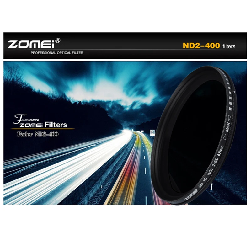 ZOMEI Glass Slim ND2-400 Neutral Density Fader Variable ND filter Adjustable 49/52/55/58/62/67/72/77/82mm DSLR camera filters
ZOMEI Glass Slim ND2-400 Neutral Density Fader Variable ND filter Adjustable 49/52/55/58/62/67/72/77/82mm DSLR camera filters