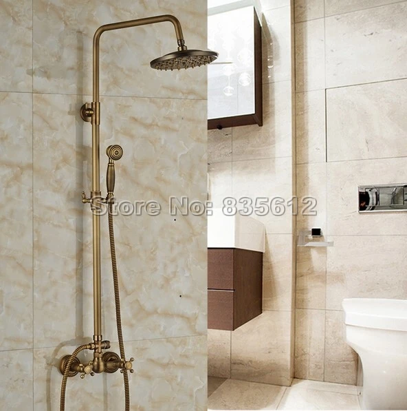 

Wall Mounted Rainfall Shower Faucet Set Antique Brass Finish with 8 inch Shower Heads Hand Spray Bathroom Shower Mixer Tap j012