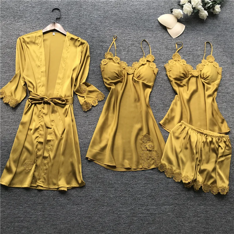 women silk pajamas satin hot nightgown pijimas 4 piece set Silk Nightwear Pyjama Spaghetti Strap Sleep Lounge Pijama with Chest
women silk pajamas satin hot nightgown pijimas 4 piece set Silk Nightwear Pyjama Spaghetti Strap Sleep Lounge Pijama with Chest