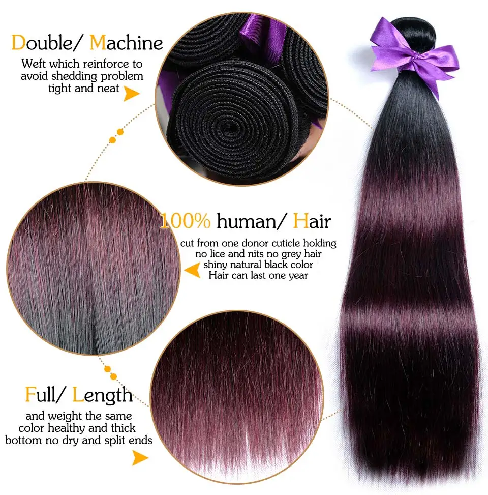1B Burgundy Ombre 4 Bundles Deals Brazilian Straight Hair Weave Bundle Red Color Human Hair Extension Pinshair Nonremy No Tangle (2)