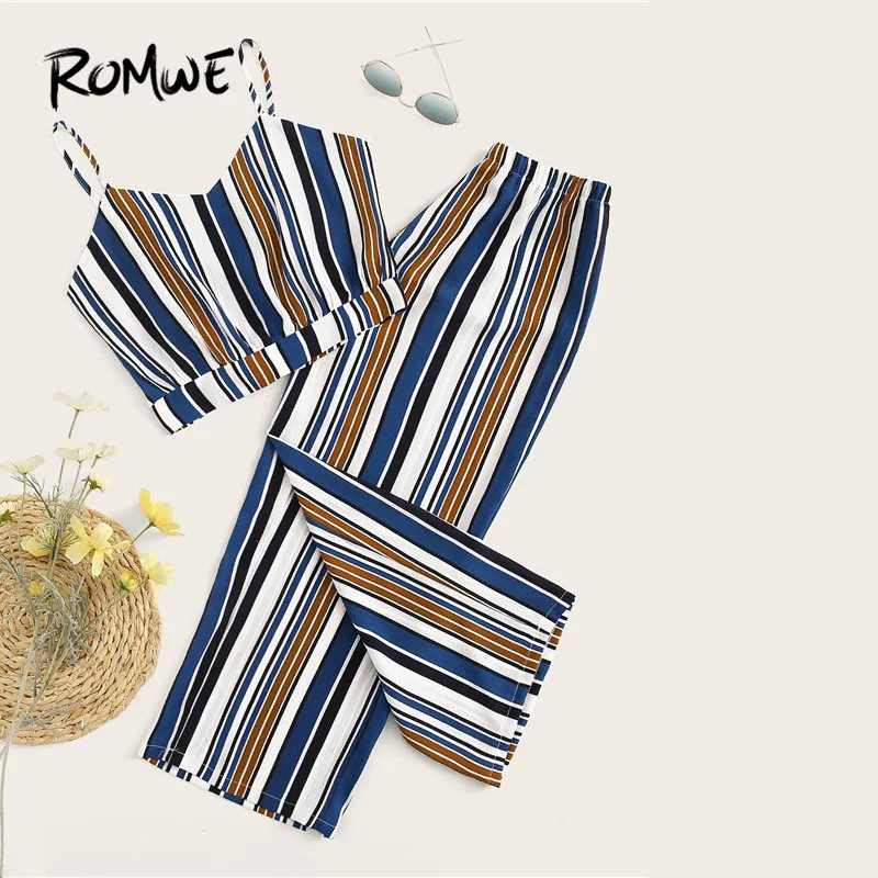 

ROMWE Spaghetti Strap Crop Cami Tops With Wide Leg Pants Women Striped Two Piece Set Summer Camisole And Loose Trousers Co-ords