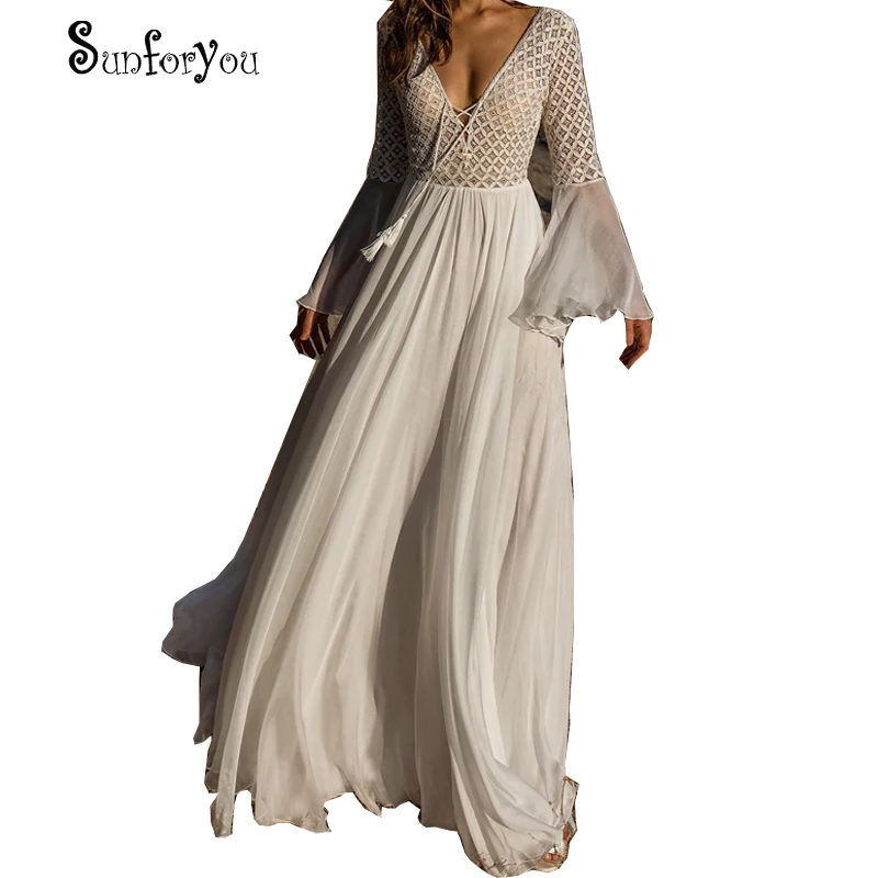 Deep V neck Chiffon Lace Patchwork Honeymoon Beach Dress Long Flare Sleeve Maxi Summer Women Dress Robe de Plage Sarong Tunic
Deep V neck Chiffon Lace Patchwork Honeymoon Beach Dress Long Flare Sleeve Maxi Summer Women Dress Robe de Plage Sarong Tunic