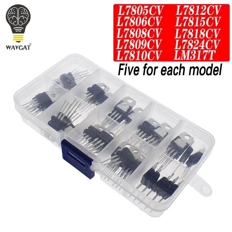 LM317T L7805 L7806 L7808 L7809 L7810 L7812 L7815 L7818 L7824 Transistor Assortment Kit 10value 50PCS Voltage Regulator Box
LM317T L7805 L7806 L7808 L7809 L7810 L7812 L7815 L7818 L7824 Transistor Assortment Kit 10value 50PCS Voltage Regulator Box