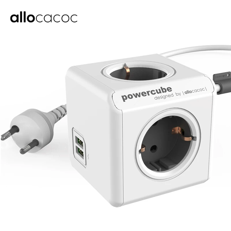 

Allocacoc EU Plug Smart Extension Power Strip Electrical Socket Powercube Cable 3m 2 USB 5V 2.1A Charger Adapter 4 Outlets Home
