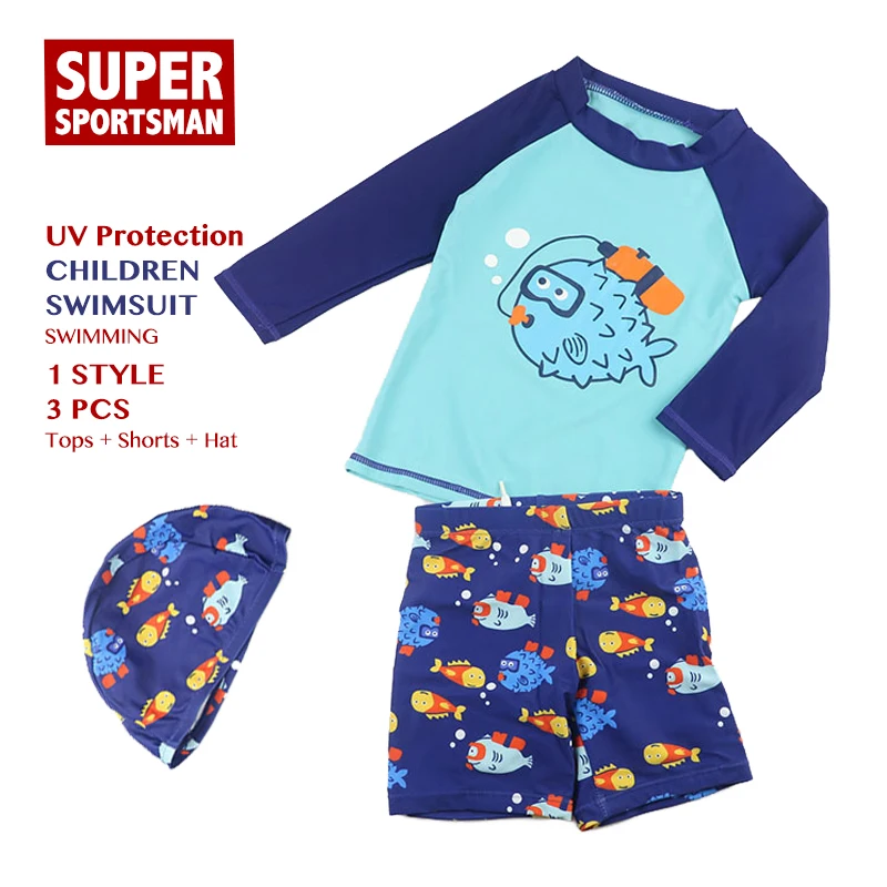 

Children Cartoon Fish Swimsuit Kids Girls UV Prodection Swimwear Baby Boys Swiming Bathing Clothes Toddler Hat+Shorts Swim Suits