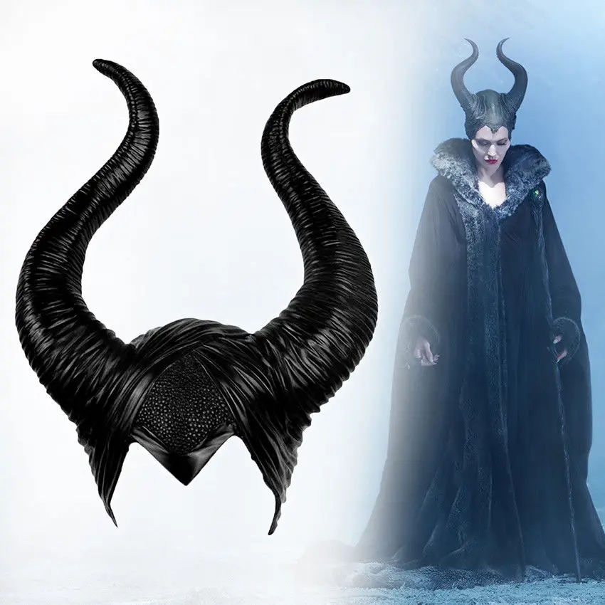 Хэллоуин Латекс Косплэй Maleficent ведьма рога шляпа Головные уборы маска шлем