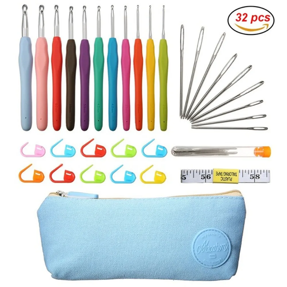 Crochet Hook Set Ergonomic Rubber Handle Crochet Hook Tape Measure Blue Case Ruler Sewing Accessories Knitting Craft Tool
Crochet Hook Set Ergonomic Rubber Handle Crochet Hook Tape Measure Blue Case Ruler Sewing Accessories Knitting Craft Tool